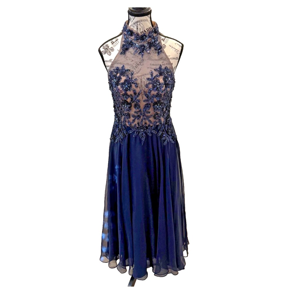 Vintage Dave & Johnny Women's Beaded Tea Length Evening Gown Blue Size 3/4